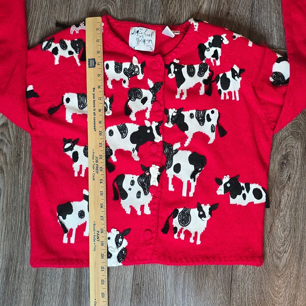 Michael Simon Cow Print Beaded Cardigan Medium Red Womens Vintage 1998 Sweater - Picture 9 of 11